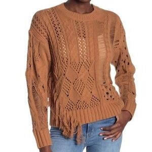 360 Cashmere NWT Womens 360 Sweater Distressed Mixed Cable Knit Pullover Brown S